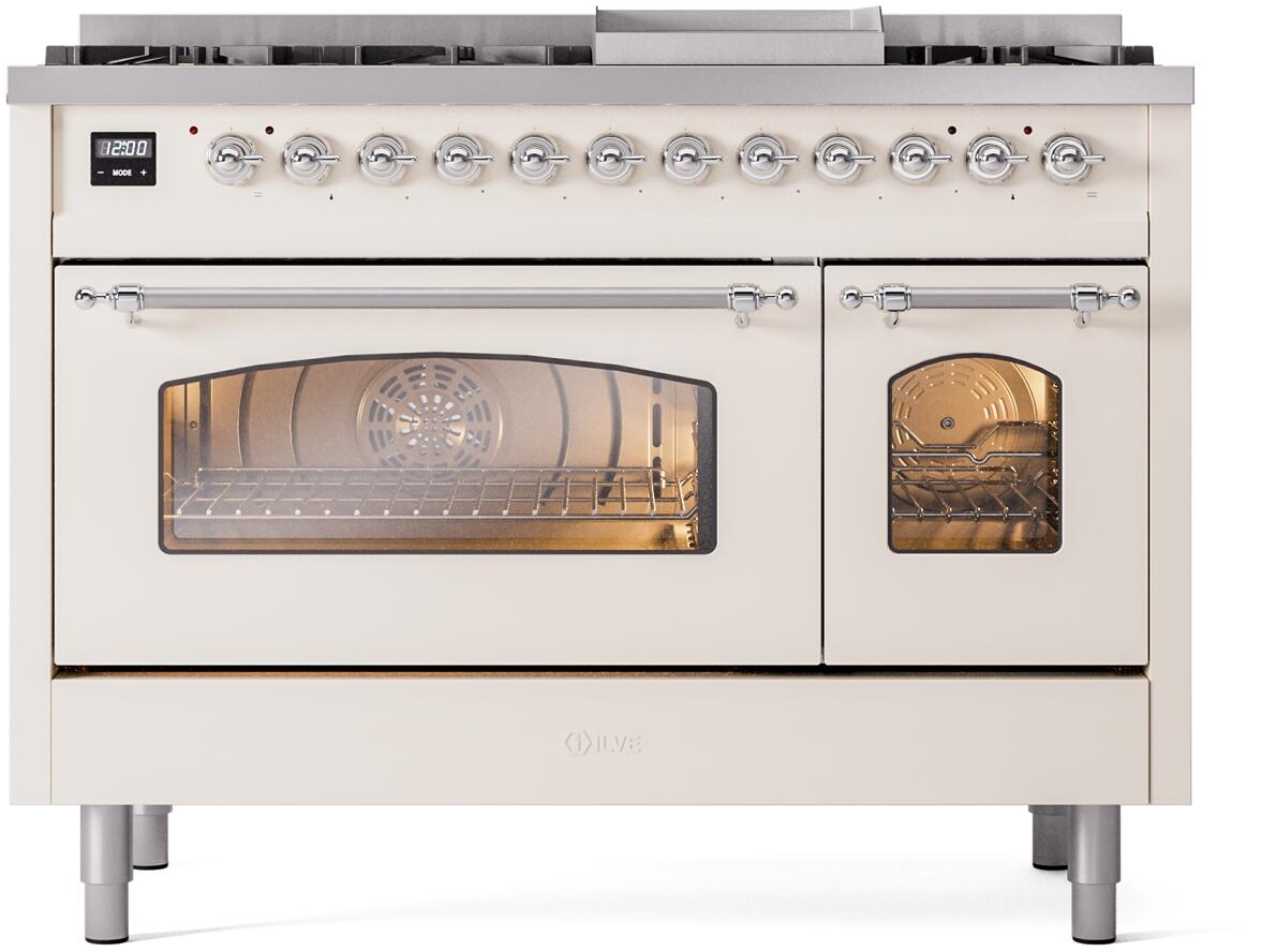 Nostalgie II 48 Inch Dual Fuel Natural Gas Freestanding Range in Antique White with Chrome Trim