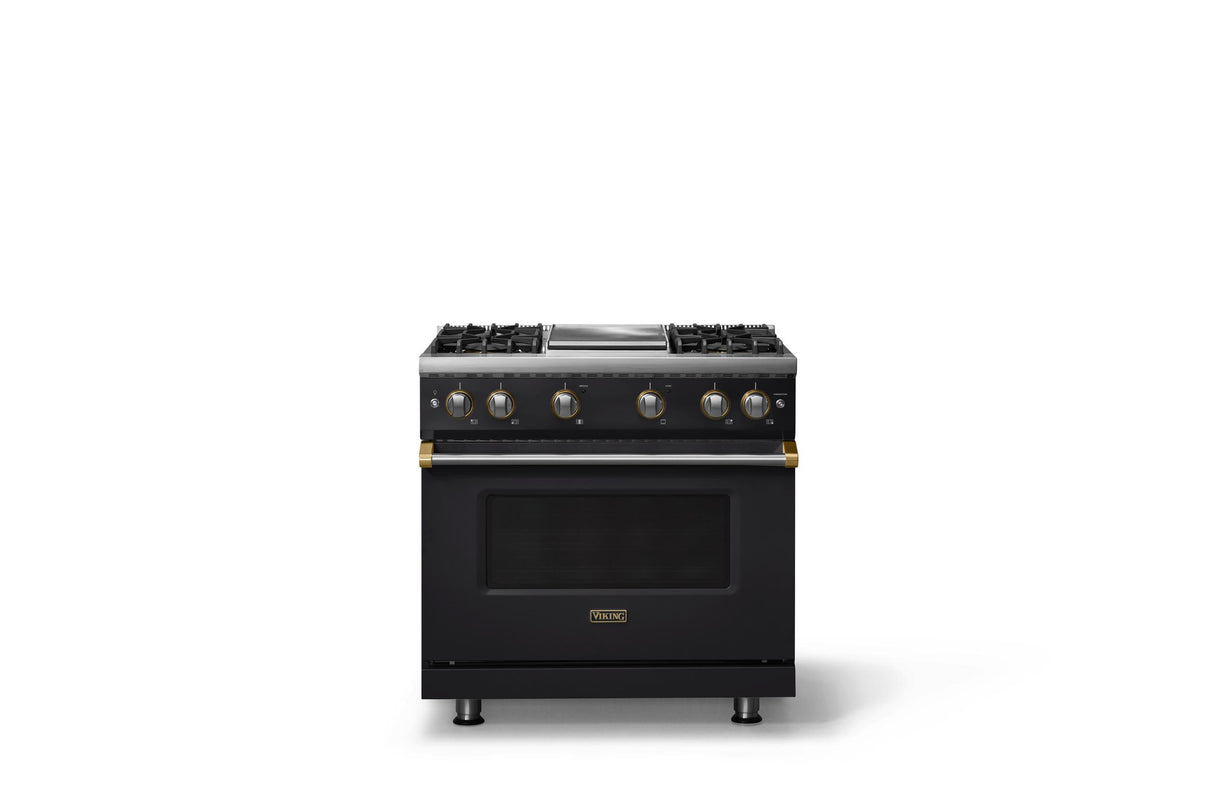 36"W. Sealed Burner Gas Range (Burner: 4g, Finish: Onyx, Trim: Brushed Brass, Fuel: Natural Gas)