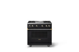 36"W. Sealed Burner Gas Range (Burner: 4g, Finish: Onyx, Trim: Brushed Brass, Fuel: Natural Gas)