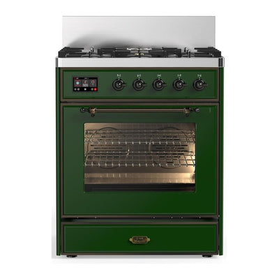 ILVE UM30NR3EGBLP Majestic III 30 inch Dual Fuel Range with 5 Black Brass Burners, Dual Function Burner up to 25,000 BTU (Liquid Propane, Triple Glass Door, Emerald Green, Burnished)