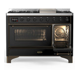 ILVE UM48FNR3BKBLP Majestic III 48 inch Dual Fuel Range with 8 Burners and Griddle, Dual Function Burner up to 25,000 BTU (Liquid Propane, Triple Glass Door, Glossy Black, Burnished)