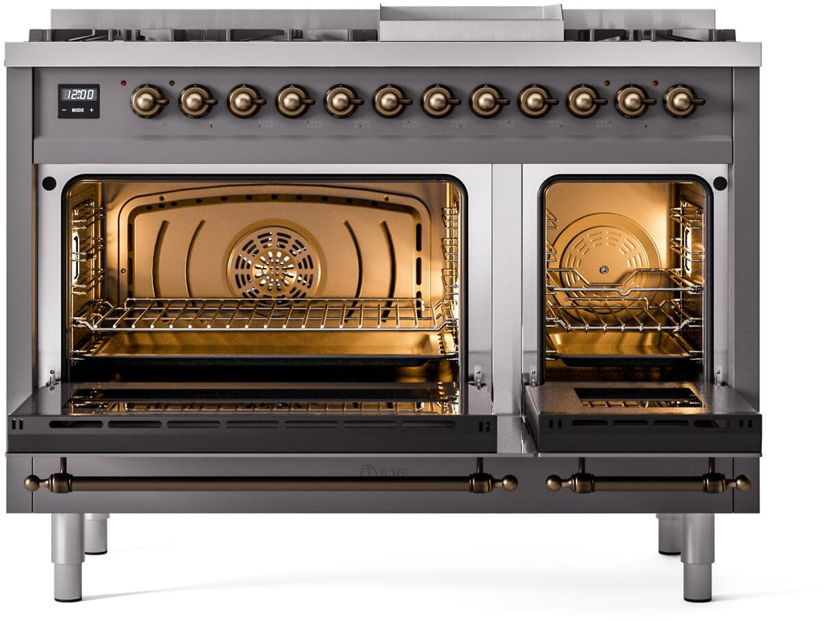 Nostalgie II 48 Inch Dual Fuel Natural Gas Freestanding Range in Matte Graphite with Bronze Trim