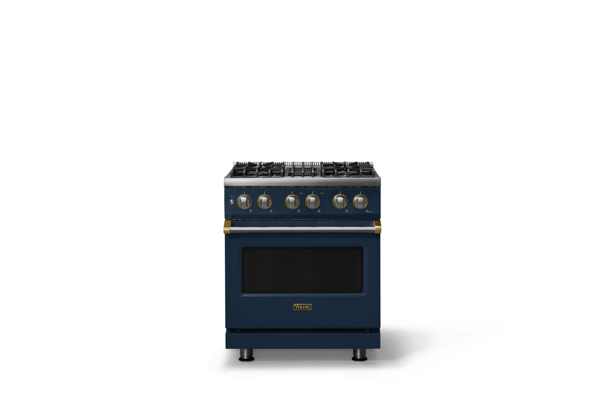 30"W. Dual Fuel Range (Finish: Slate Blue, Trim: Brushed Brass, Fuel: Natural Gas)