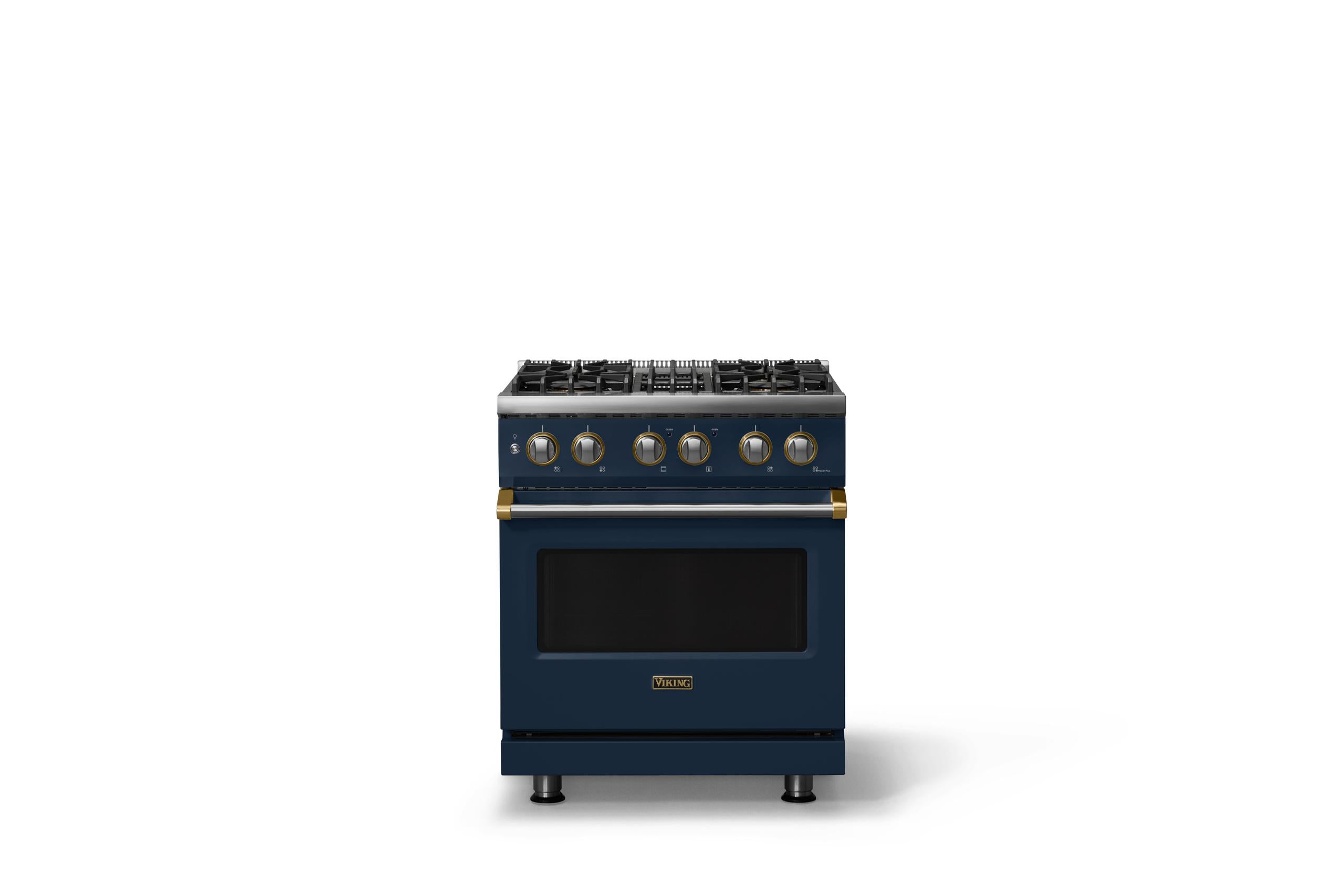 30"W. Dual Fuel Range (Finish: Slate Blue, Trim: Brushed Brass, Fuel: Natural Gas)