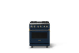 30"W. Dual Fuel Range (Finish: Slate Blue, Trim: Brushed Brass, Fuel: Propane)
