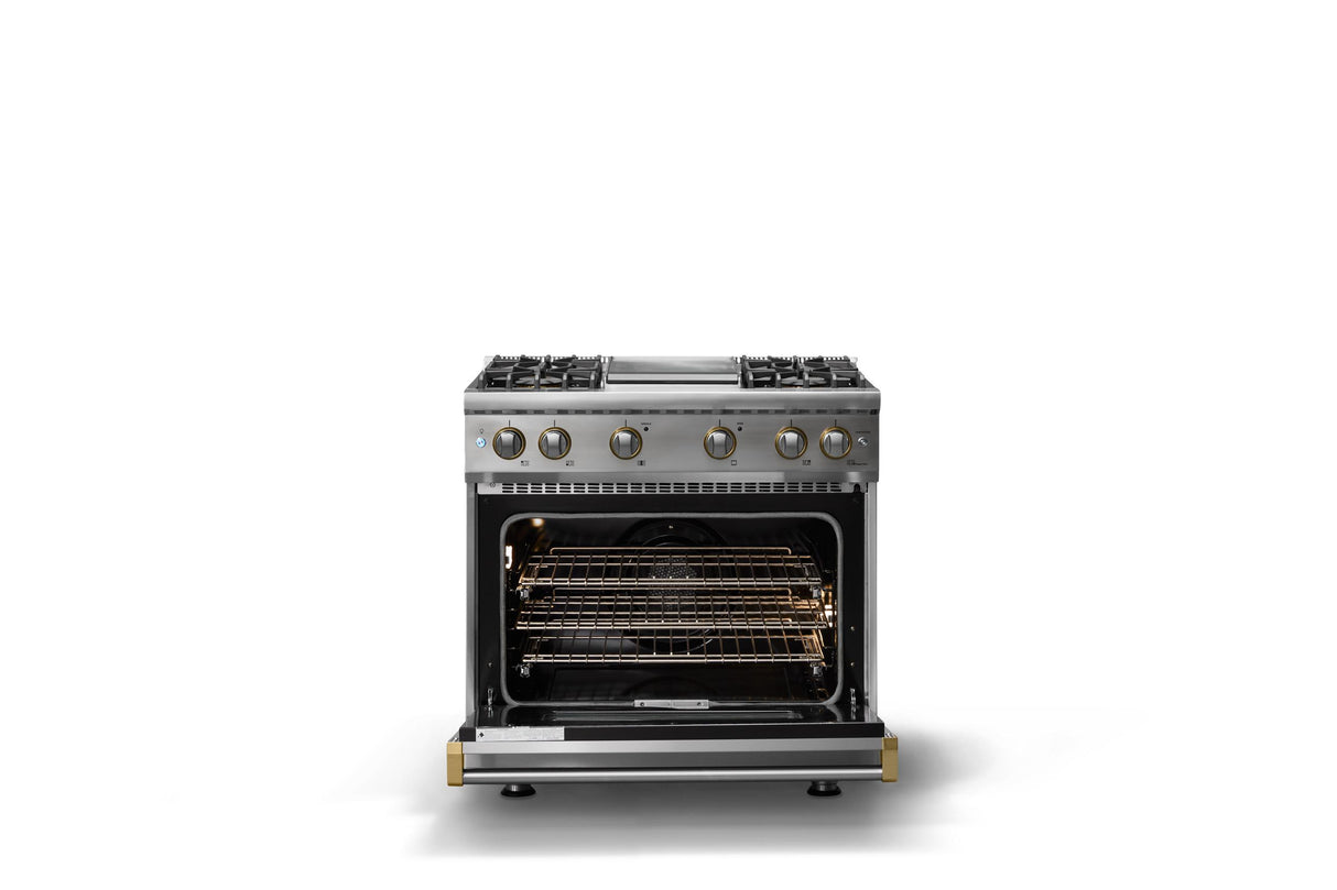 36"W. Sealed Burner Gas Range (Burner: 4g, Finish: Stainless Steel, Trim: Brushed Brass, Fuel: Natural Gas)