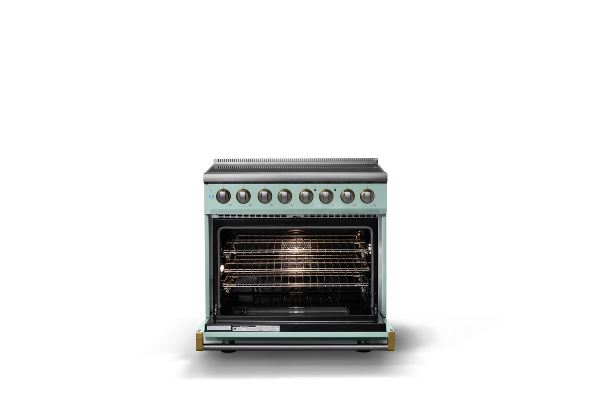 36"W. Induction Range (Finish: Splash, Trim: Brushed Brass)
