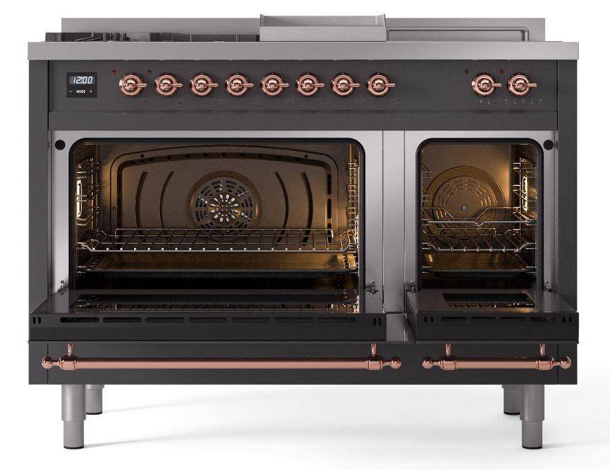 Nostalgie II 48 Inch Dual Fuel Natural Gas Freestanding Range in Matte Graphite with Copper Trim