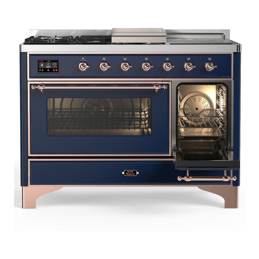 ILVE UM48FSNR3MBP Majestic III 48 inch Dual Fuel Range with 5 Black Brass Burners, Griddle and French Top, Dual Function Burner up to 25,000 BTU (Natural Gas, Triple Glass Door, Midnight Blue, Copper)