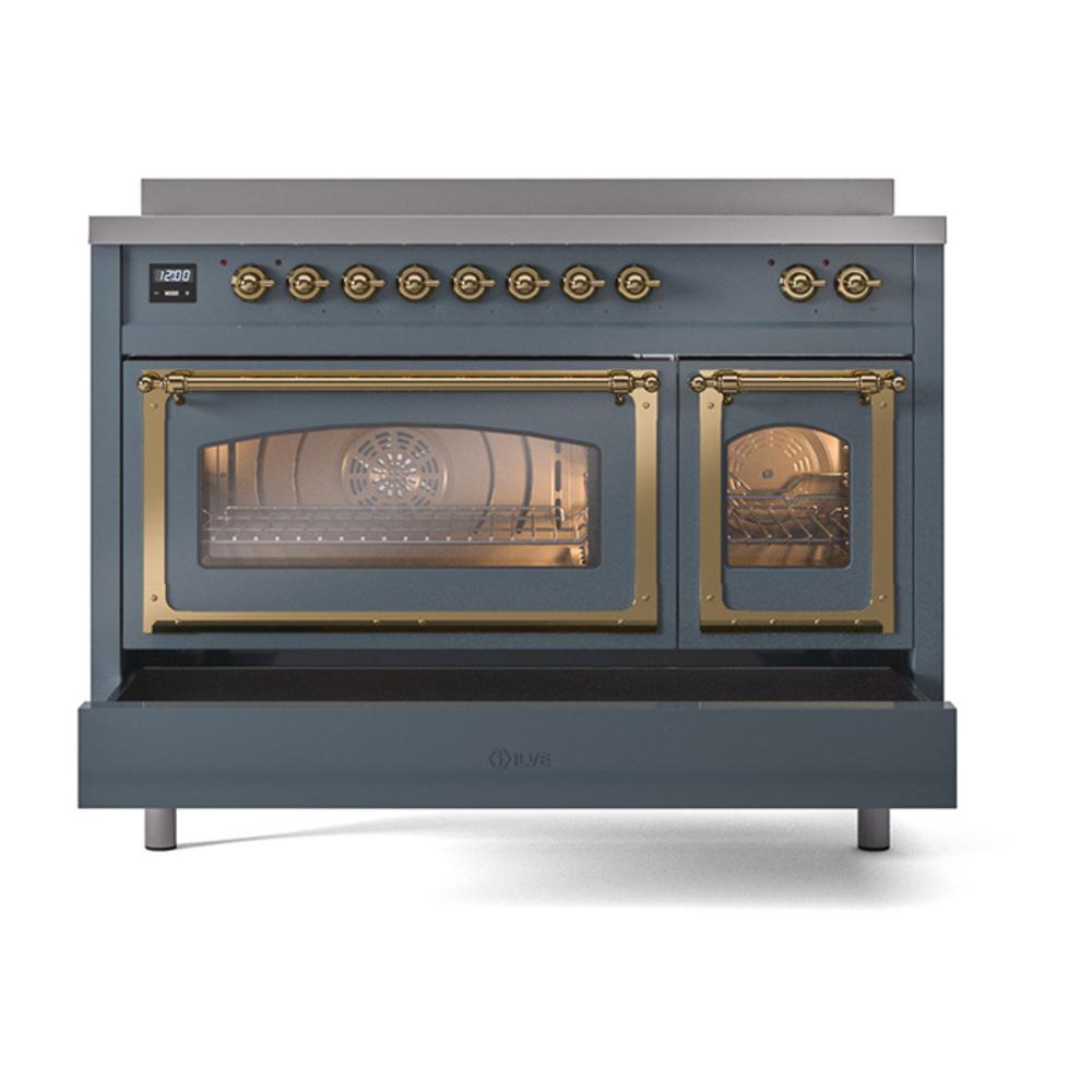 ILVE UNI486NMPBGG Nostalgie II Noblesse 48 inch Induction Range (Triple Glass Door, Blue Grey, Brass)