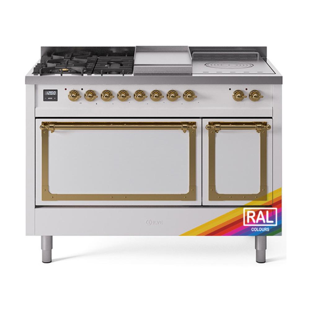 ILVE UN48FSQNMPRAG Nostalgie II Noblesse 48 inch Dual Fuel Range (5 Sealed Burners + Griddle + French Top, Natural Gas, Solid Door, RAL, Brass)