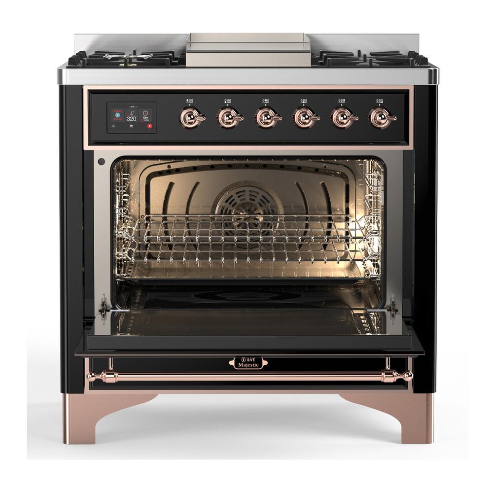 ILVE UM36FNR3BKP Majestic III 36 inch Dual Fuel Range with 6 Black Brass Burners and Griddle, Dual Function Burner up to 25,000 BTU (Triple Glass Door, Glossy Black, Copper, Natural Gas)