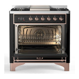 ILVE UM36FNR3BKP Majestic III 36 inch Dual Fuel Range with 6 Black Brass Burners and Griddle, Dual Function Burner up to 25,000 BTU (Triple Glass Door, Glossy Black, Copper, Natural Gas)