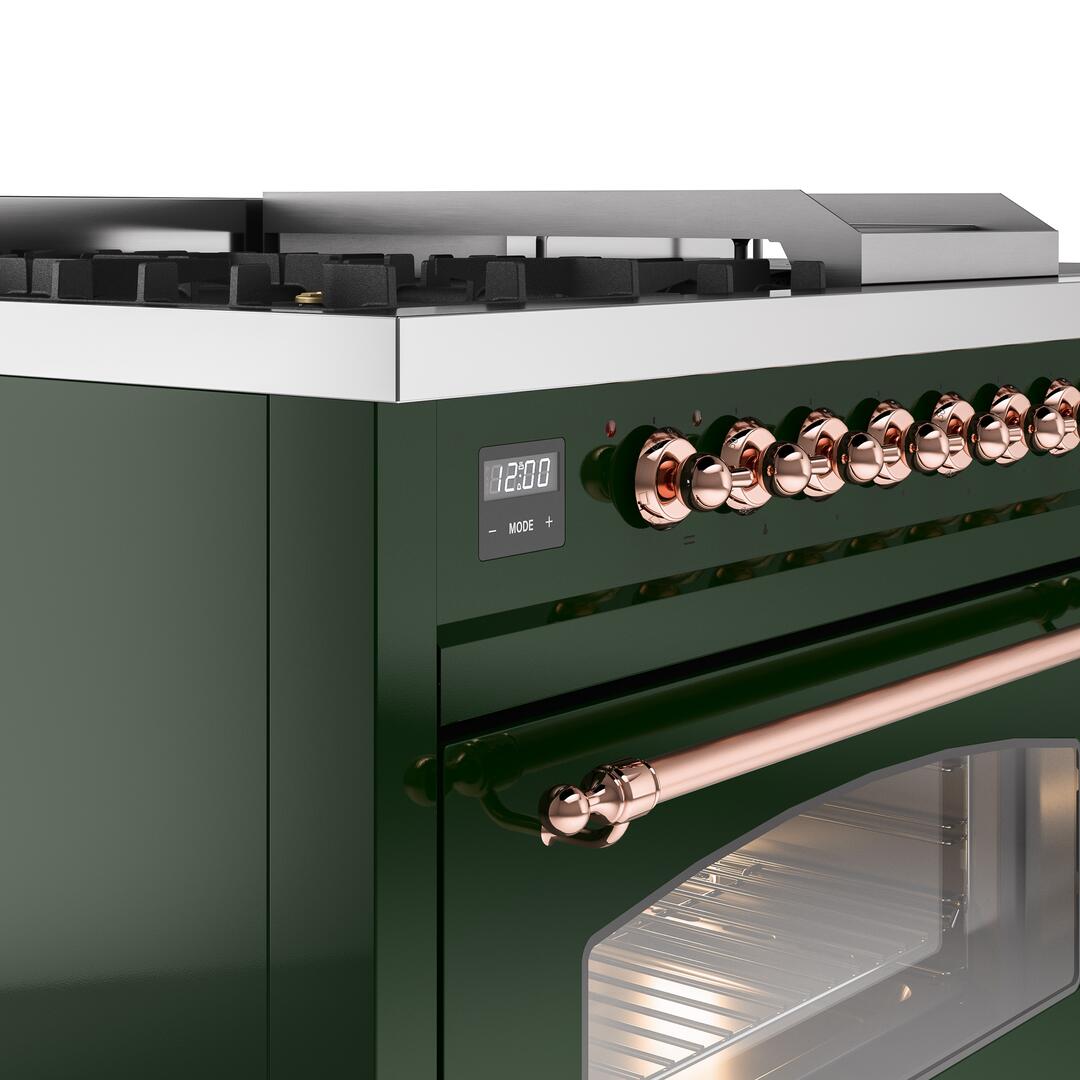 Nostalgie II 48 Inch Dual Fuel Natural Gas Freestanding Range in Emerald Green with Copper Trim