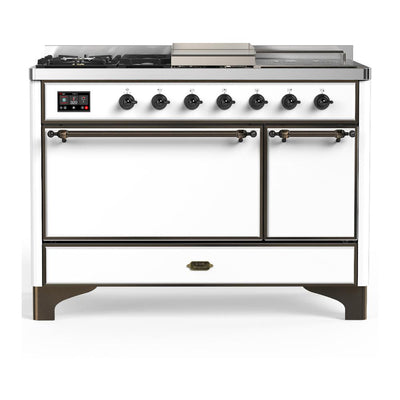 ILVE UM48FSQNR3WHBLP Majestic III 48 inch Dual Fuel Range with 5 Black Brass Burners, Griddle and French Top, Dual Function Burner up to 25,000 BTU (Liquid Propane, Solid Door, White, Burnished)