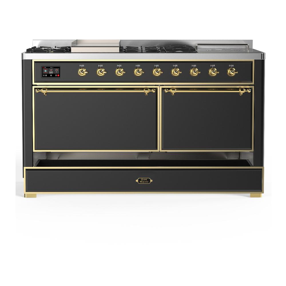 ILVE UM60FSQNR3MGG Majestic III 60 inch Dual Fuel Range with 7 Burners, Griddle and French Top, Dual Function Burner with up to 25,000 BTU (Natural Gas, Solid Door, Graphite Matte, Brass)