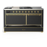 ILVE UM60FSQNR3MGG Majestic III 60 inch Dual Fuel Range with 7 Burners, Griddle and French Top, Dual Function Burner with up to 25,000 BTU (Natural Gas, Solid Door, Graphite Matte, Brass)