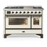 ILVE UM48FNR3AWB Majestic III 48 inch Dual Fuel Range with 8 Burners and Griddle, Dual Function Burner up to 25,000 BTU (Natural Gas, Triple Glass Door, Antique White, Burnished)