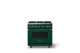 36"W. Sealed Burner Gas Range (Burner: 6b, Finish: Ivy, Trim: Brushed Brass, Fuel: Natural Gas)