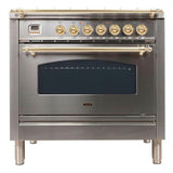ILVE UPN90FDMPI Nostalgie I 36 inch Dual Fuel Range (Stainless Steel, Brass Trim) (Natural Gas)