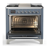 ILVE UM36FNR3BGC Majestic III 36 inch Dual Fuel Range with 6 Black Brass Burners and Griddle, Dual Function Burner up to 25,000 BTU (Triple Glass Door, Blue Grey, Chrome, Natural Gas)