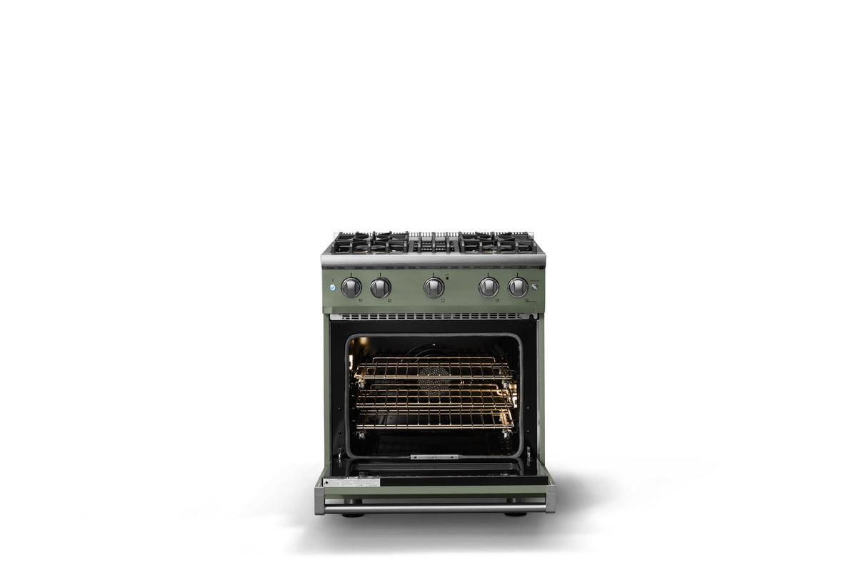 30"W. Sealed Burner Gas Range (Finish: Eucalyptus, Trim: Polished Chrome, Fuel: Natural Gas)