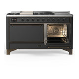 ILVE UM60FSQNR3MGB Majestic III 60 inch Dual Fuel Range with 7 Burners, Griddle and French Top, Dual Function Burner with up to 25,000 BTU (Natural Gas, Solid Door, Graphite Matte, Burnished)