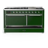 ILVE UM60FQNR3EGCLP Majestic III 60 inch Dual Fuel Range with 9 Burners and Griddle, Dual Function Burner up to 25,000 BTU (Liquid Propane, Solid Door, Emerald Green, Chrome)