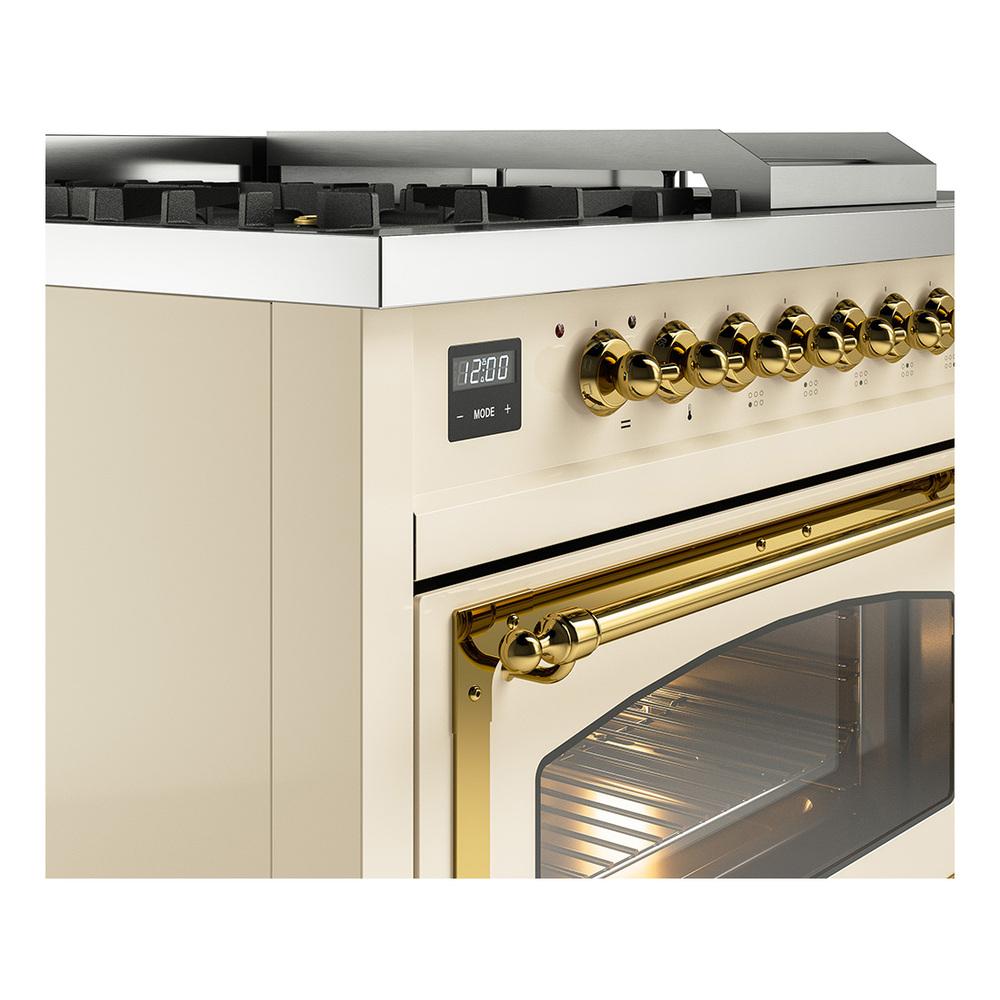 ILVE UN48FSNMPAWG Nostalgie II Noblesse 48 inch Dual Fuel Range (5 Sealed Burners + Griddle + French Top, Natural Gas, Triple Glass Door, Antique White, Brass)