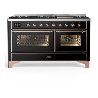 ILVE UM60FNR3BKPLP Majestic III 60 inch Dual Fuel Range with 9 Burners and Griddle, Dual Function Burner up to 25,000 BTU (Liquid Propane, Triple Glass Door, Glossy Black, Copper)