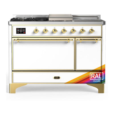 ILVE UM48FSQNR3RAGLP Majestic III 48 inch Dual Fuel Range with 5 Black Brass Burners, Griddle and French Top, Dual Function Burner up to 25,000 BTU (Liquid Propane, Solid Door, RAL, Brass)