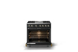 36"W. Dual Fuel Range (Burner: 4g, Finish: Antique Bronze, Trim: Brushed Brass, Fuel: Natural Gas)