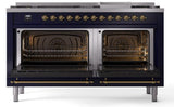Nostalgie II 60 Inch Dual Fuel Natural Gas Freestanding Range in Blue with Brass Trim