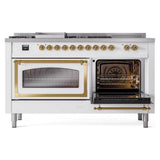 ILVE UN60FSNMPWHG Nostalgie II Noblesse 60 inch Dual Fuel Range (7 Sealed Burners + Griddle + French Top, Natural Gas, Triple Glass Door, White, Brass)