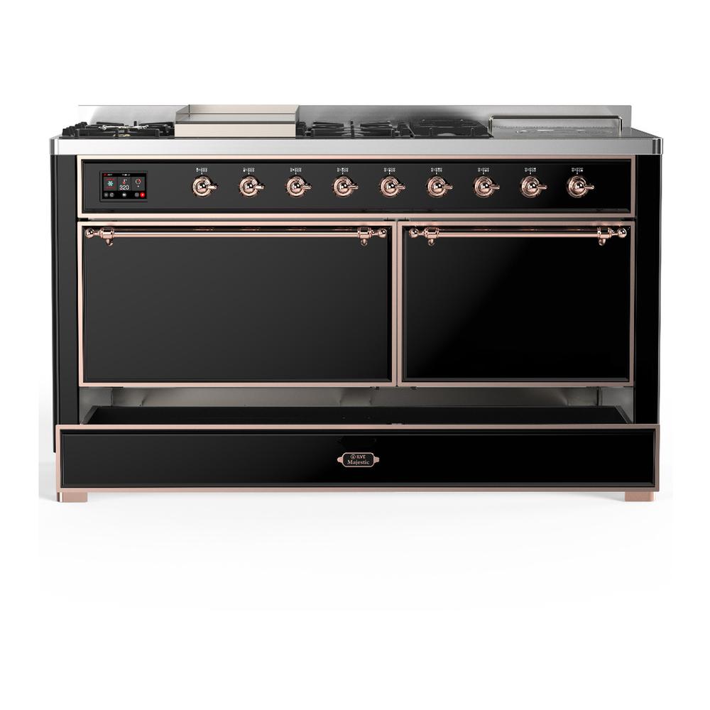 ILVE UM60FSQNR3BKPLP Majestic III 60 inch Dual Fuel Range with 7 Burners, Griddle and French Top, Dual Function Burner with up to 25,000 BTU (Liquid Propane, Solid Door, Glossy Black, Copper)