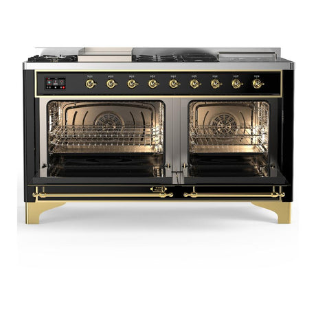 ILVE UM60FSQNR3BKGLP Majestic III 60 inch Dual Fuel Range with 7 Burners, Griddle and French Top, Dual Function Burner with up to 25,000 BTU (Liquid Propane, Solid Door, Glossy Black, Brass)