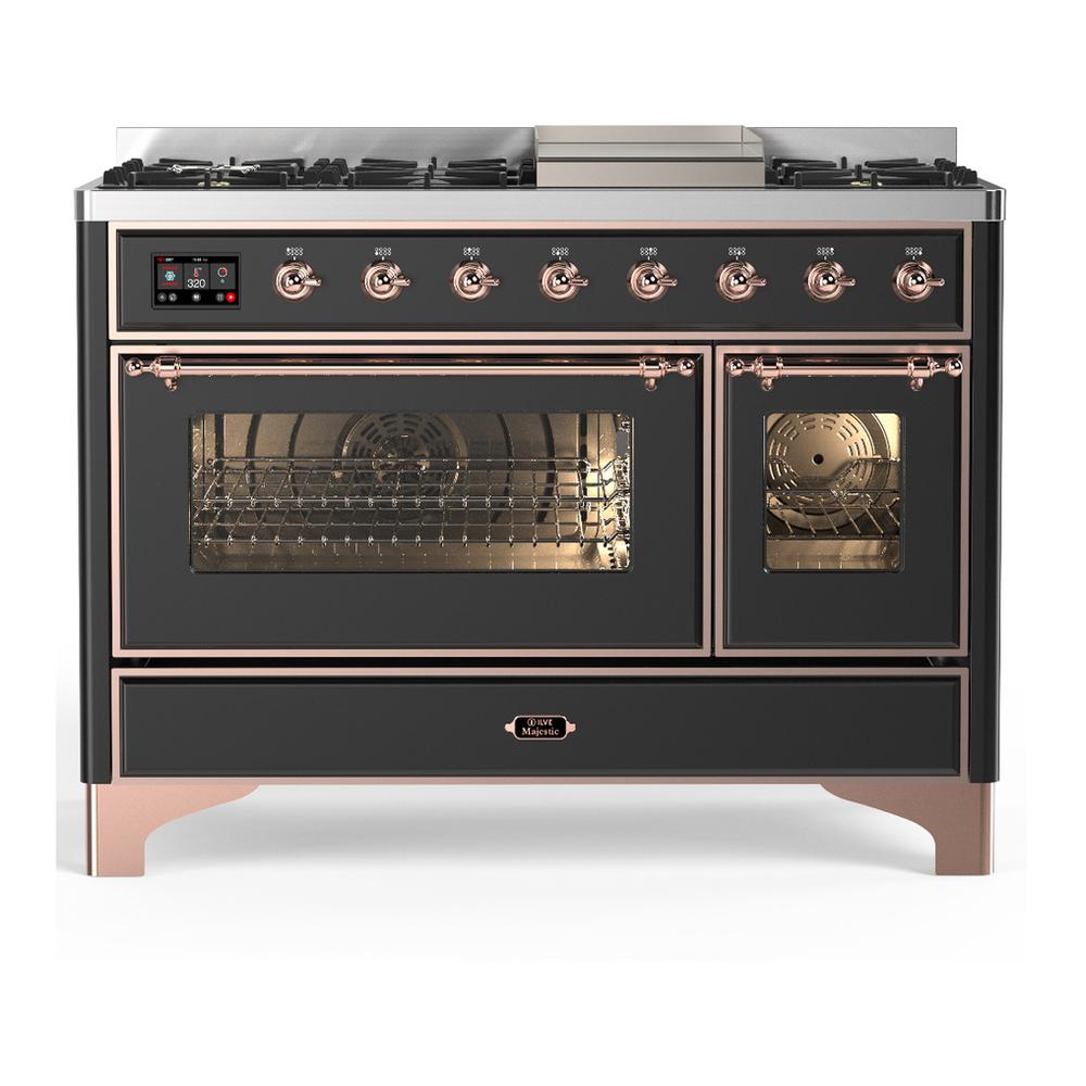 ILVE UM48FNR3MGPLP Majestic III 48 inch Dual Fuel Range with 8 Burners and Griddle, Dual Function Burner up to 25,000 BTU (Liquid Propane, Triple Glass Door, Graphite Matte, Copper)