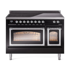 ILVE UNI486NMPBKC Nostalgie II Noblesse 48 inch Induction Range (Triple Glass Door, Glossy Black, Chrome)