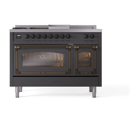 ILVE UN48FSNMPMGB Nostalgie II Noblesse 48 inch Dual Fuel Range (5 Sealed Burners + Griddle + French Top, Natural Gas, Triple Glass Door, Graphite Matte, Burnished)