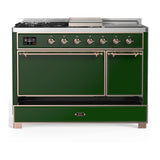 ILVE UM48FSQNR3EGPLP Majestic III 48 inch Dual Fuel Range with 5 Black Brass Burners, Griddle and French Top, Dual Function Burner up to 25,000 BTU (Liquid Propane, Solid Door, Emerald Green, Copper)