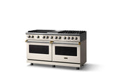 60"W.Dual Fuel Range (Finish: Pure White, Trim: Brushed Brass, Fuel: Propane)