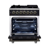 Forno Massimo 30 Inch Freestanding Dual Fuel Range in Black with Antique Brass Accessories, 4 Burners, 4.32 cu. ft. Convection Oven