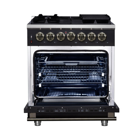 Forno Massimo 30 Inch Freestanding Dual Fuel Range in Black with Antique Brass Accessories, 4 Burners, 4.32 cu. ft. Convection Oven