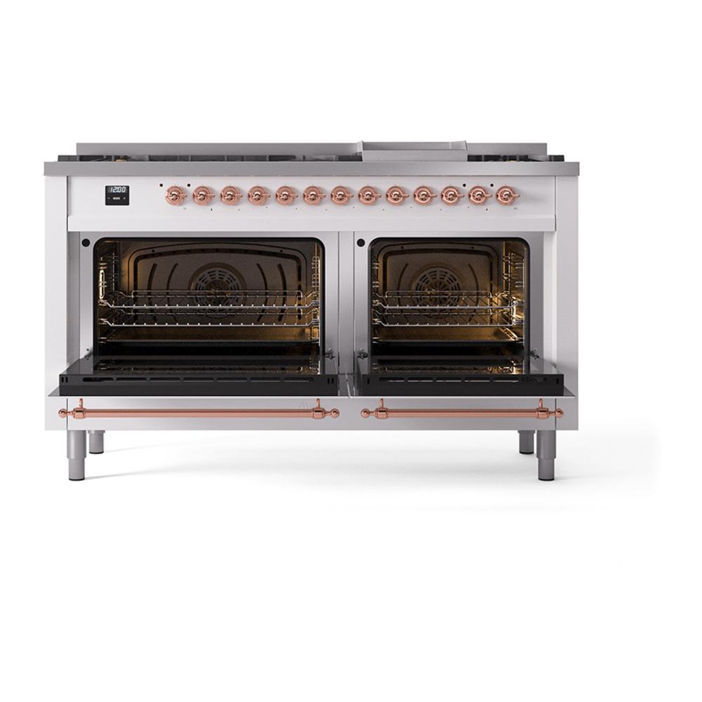 ILVE UN60FNMPWHPLP Nostalgie II Noblesse 60 inch Dual Fuel Range (9 Sealed Burners + Griddle, Liquid Propane, Triple Glass Door, White, Copper)
