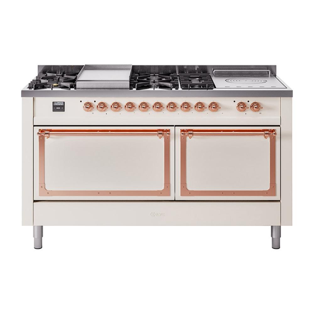 ILVE UN60FSQNMPAWP Nostalgie II Noblesse 60 inch Dual Fuel Range (7 Sealed Burners + Griddle + French Top, Natural Gas, Solid Door, Antique White, Copper)