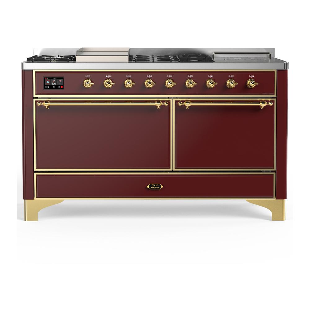 ILVE UM60FSQNR3BUG Majestic III 60 inch Dual Fuel Range with 7 Burners, Griddle and French Top, Dual Function Burner with up to 25,000 BTU (Natural Gas, Solid Door, Burgundy, Brass)