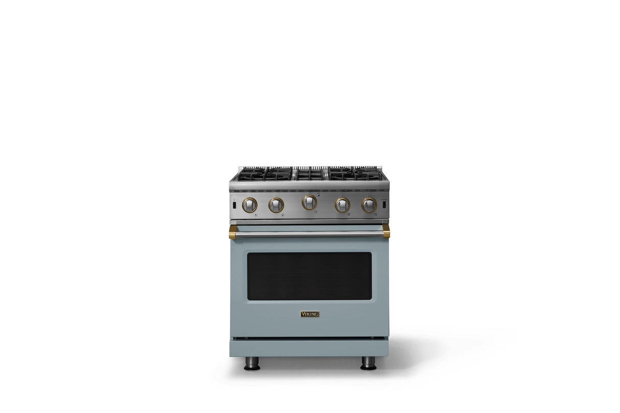 30"W. Open Burner Gas Range (Finish: November Sky, Trim: Brushed Brass, Fuel: Natural Gas)