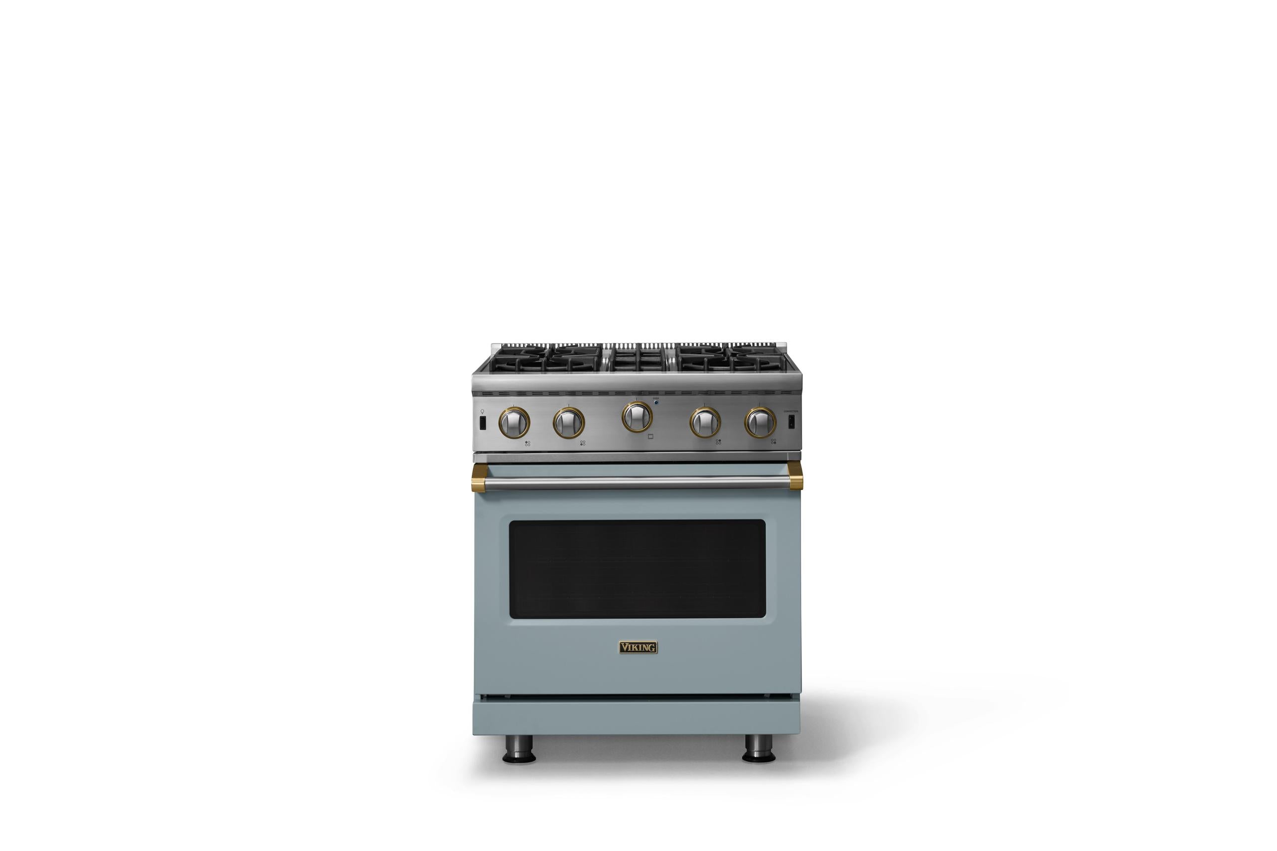 30"W. Open Burner Gas Range (Finish: November Sky, Trim: Brushed Brass, Fuel: Propane)