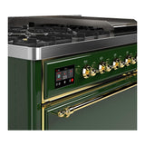 ILVE UM48FQNR3EGGLP Majestic III 48 inch Dual Fuel Range with 8 Burners and Griddle, Dual Function Burner up to 25,000 BTU (Liquid Propane, Solid Door, Emerald Green, Brass)