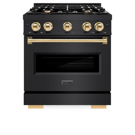 ZLINE Autograph Edition 30 in. 4.2 cu. ft. Classic Dual Fuel Range with 4 Burner Gas Cooktop and Electric Convection Oven in Black Stainless Steel with Polished Gold Accents (CDRBZ-30-G)